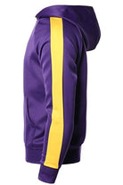 Purple pullover hoodie jacket for men with yellow striped accents and front pockets
