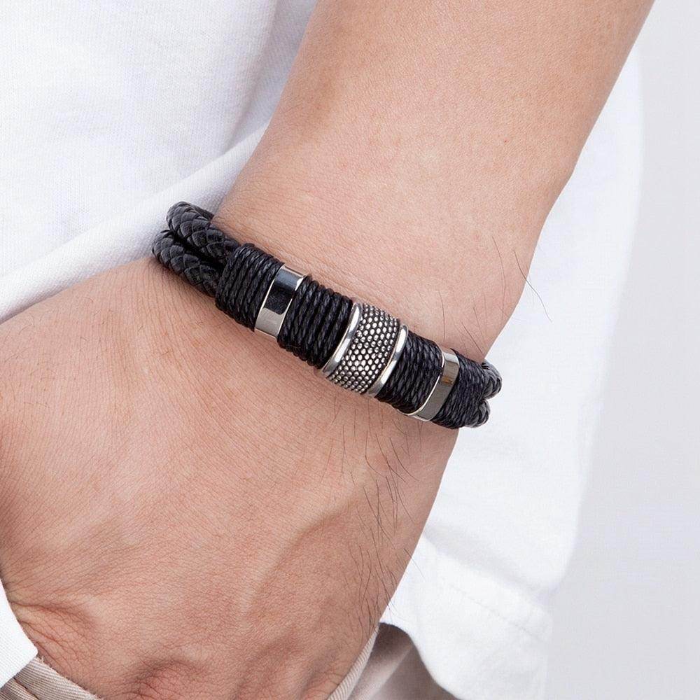 Men's punk stainless steel bracelet with woven black leather design for a stylish look