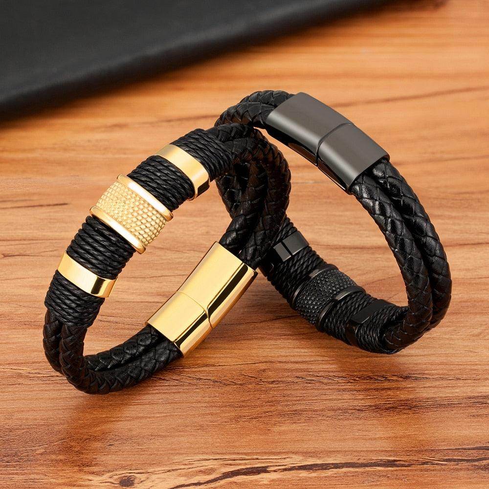 Stylish punk stainless steel bracelet set with braided leather and metallic accents for men