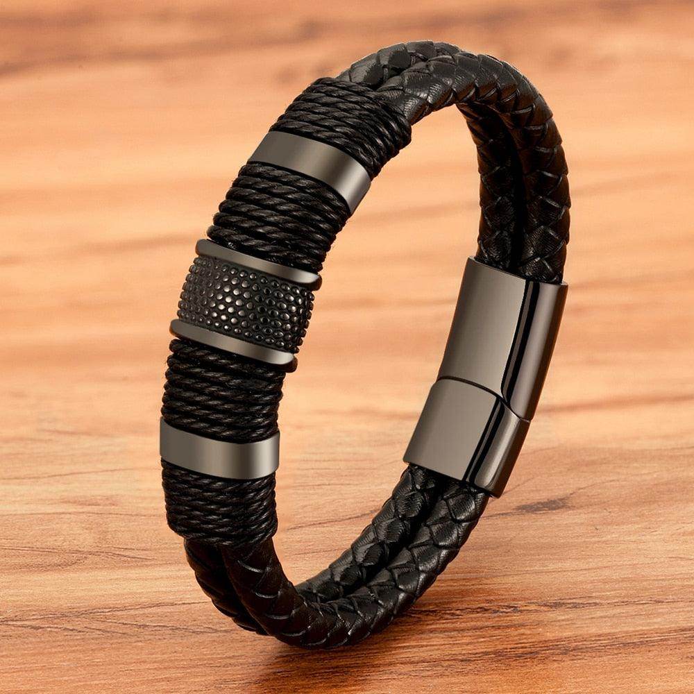 Punk stainless steel bracelet with braided black leather and magnetic clasp for a stylish look