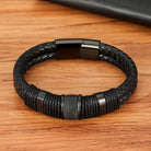 Punk stainless steel bracelet with braided leather and textured accents for men's fashion