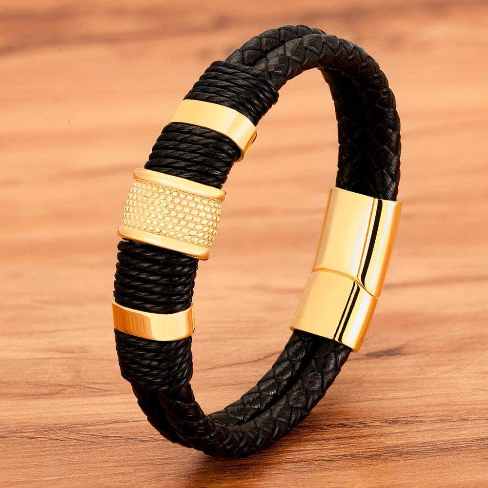 VacationGrabs punk stainless steel bracelet with woven black leather and gold accents for men