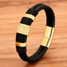 VacationGrabs punk stainless steel bracelet with woven black leather and gold accents for men