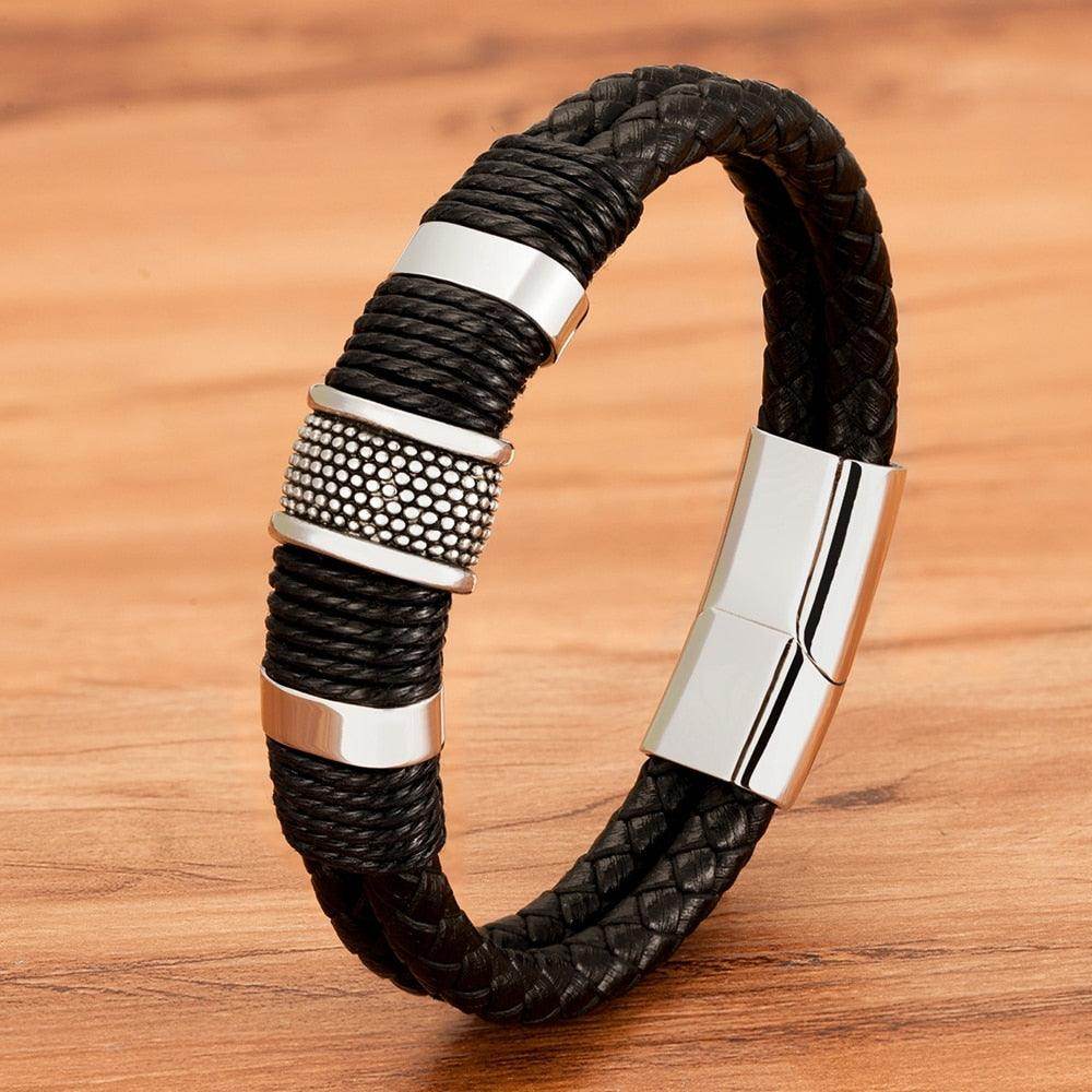VacationGrabs men's punk stainless steel bracelet with braided leather and silver accents for stylish durability