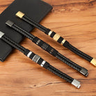 Punk stainless steel bracelet collection with woven leather design in black and metallic accents