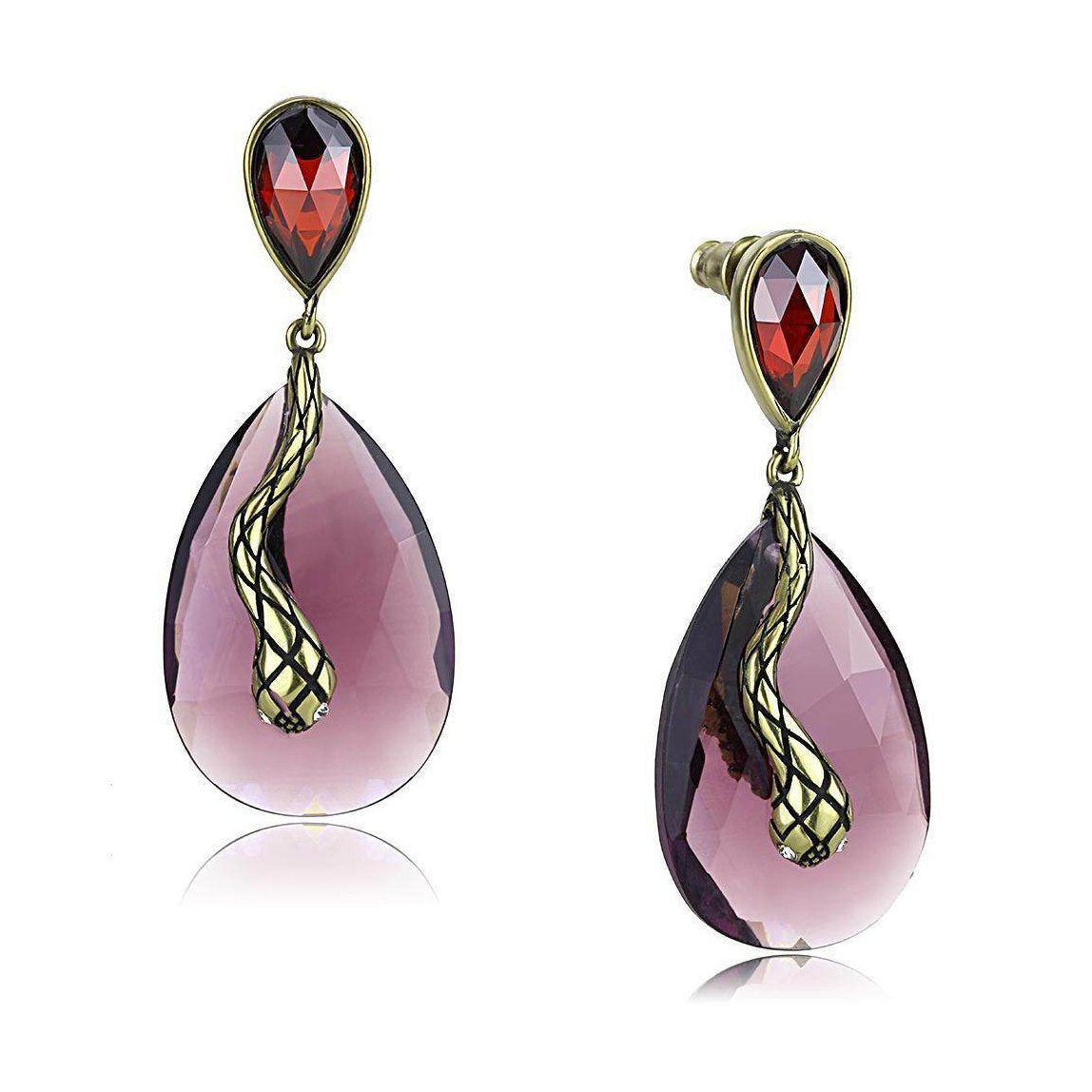 Purple gemstone statement earrings featuring a unique teardrop design with gold accents