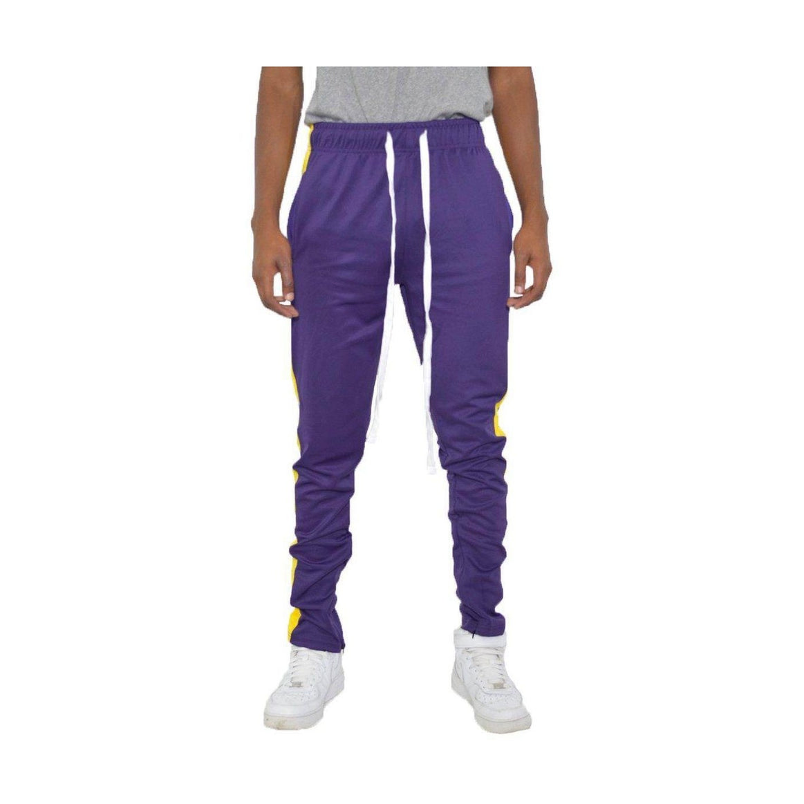 Men's purple yellow track pants from VacationGrabs with a comfortable fit and stylish look