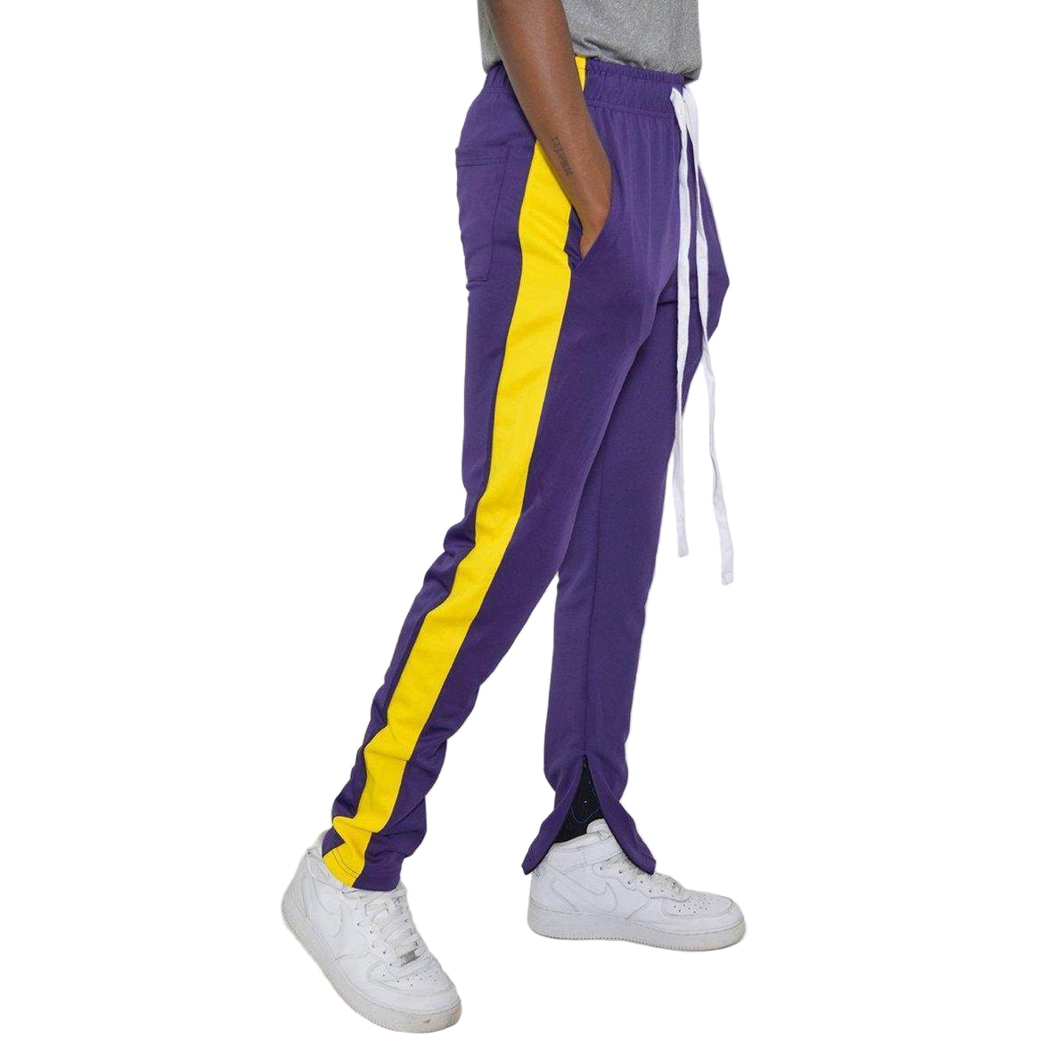 VacationGrabs purple yellow track pants featuring side stripes and a comfortable fit for casual wear