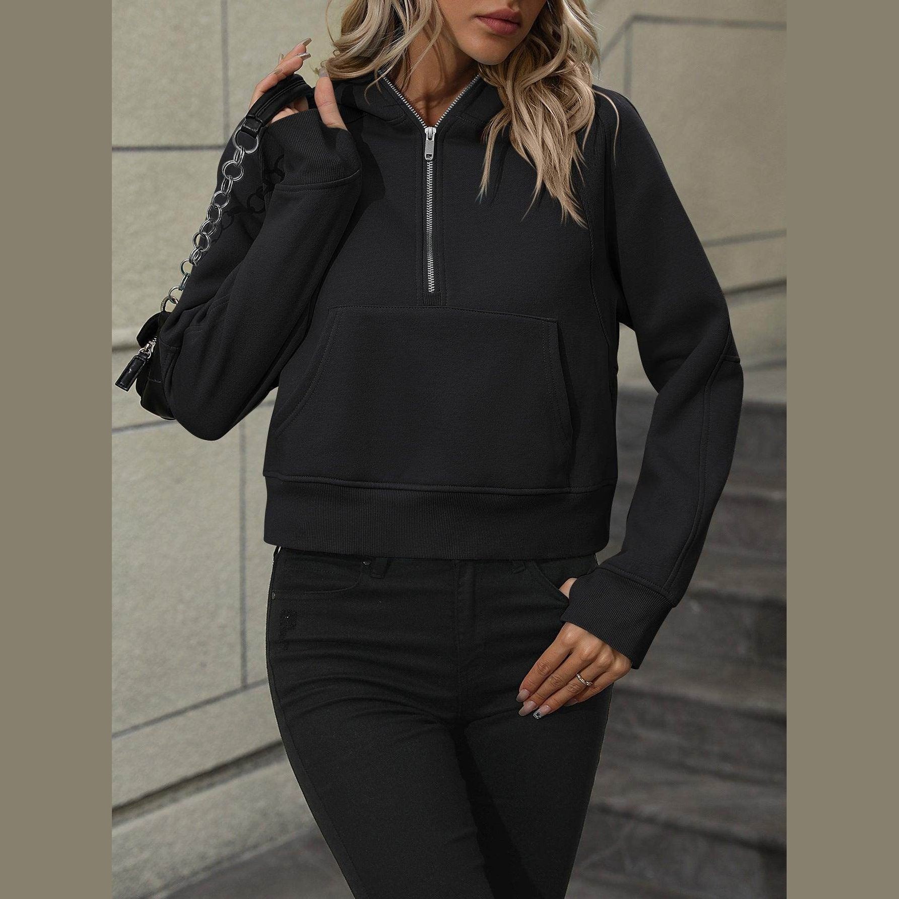 Trendsi Women's Raglan Sleeve Hoodie in Black with Zip Front and Kangaroo Pocket