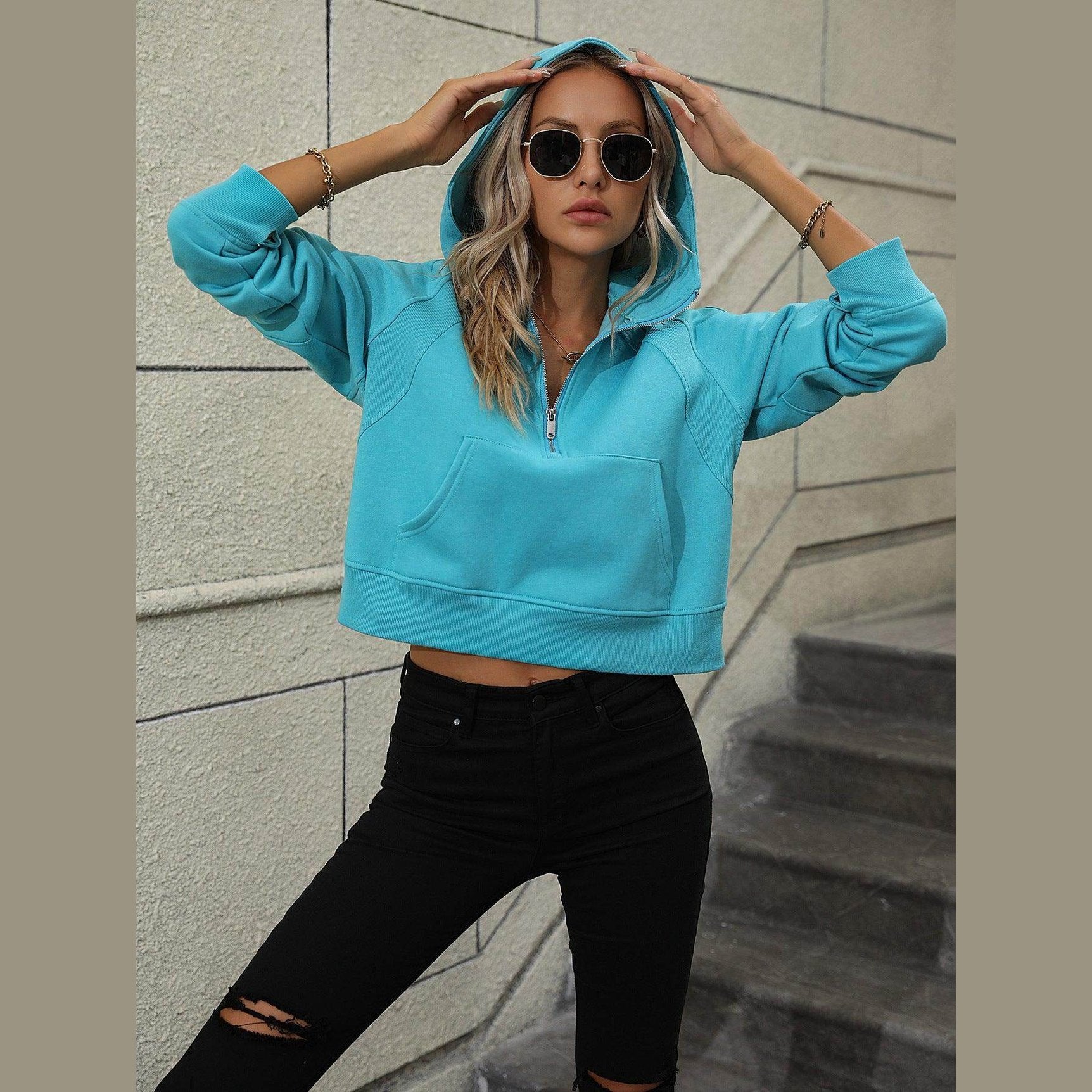 Trendsi Women's Raglan Sleeve Hoodie in Blue with Zip Closure and Cropped Design