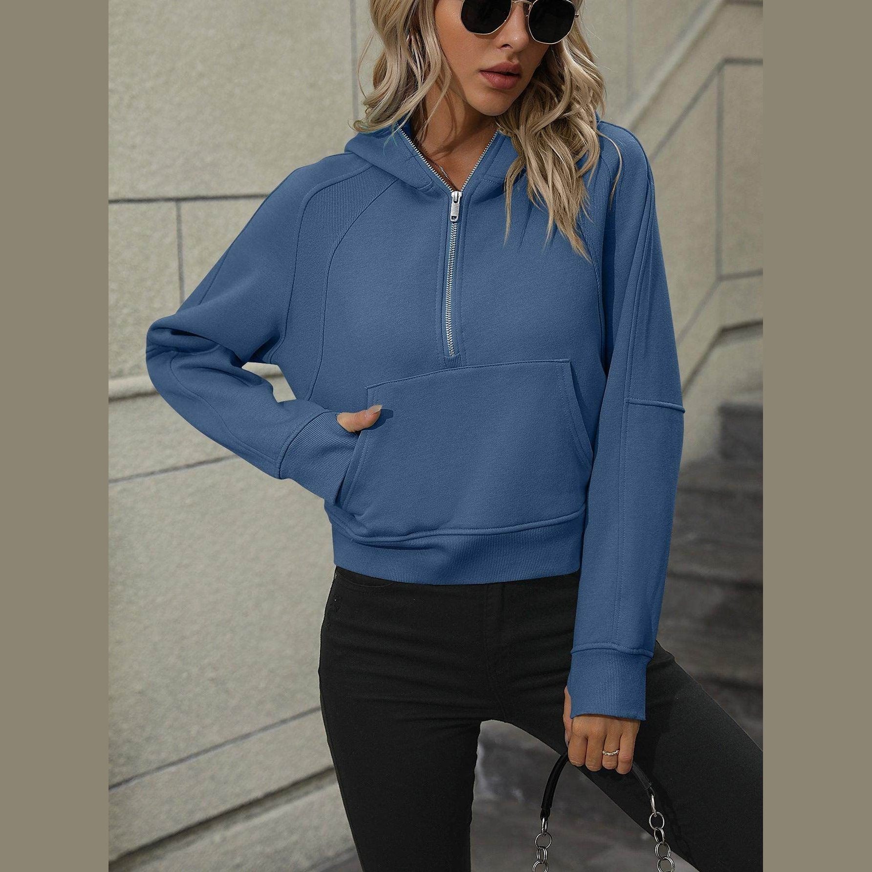 Trendsi women's raglan sleeve hoodie in blue with a front pocket and half zipper design