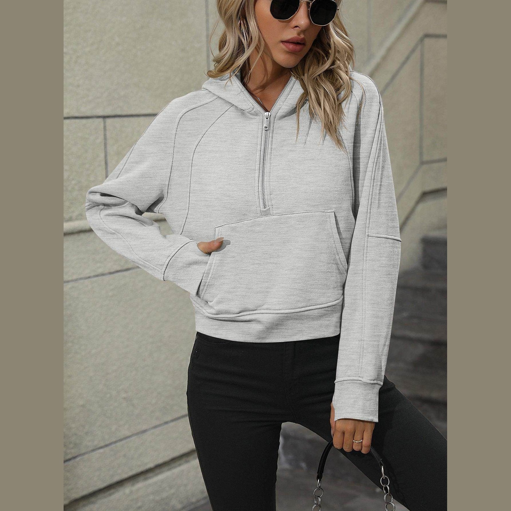 Trendsi Women's Raglan Sleeve Hoodie in Gray with Zip Front and Kangaroo Pocket