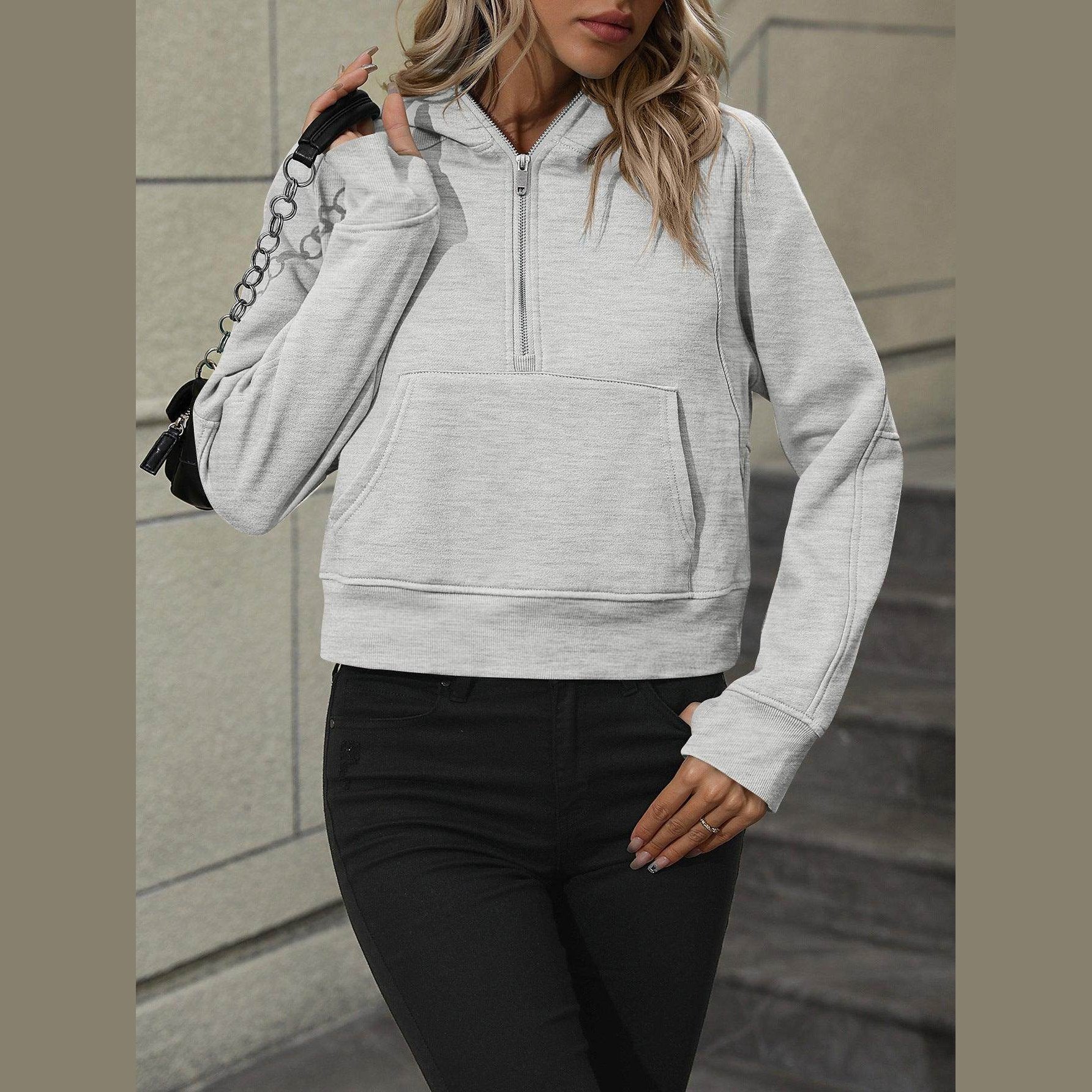 Trendsi Women's Raglan Sleeve Hoodie in Gray with Half-Zip and Front Pocket for Casual Style