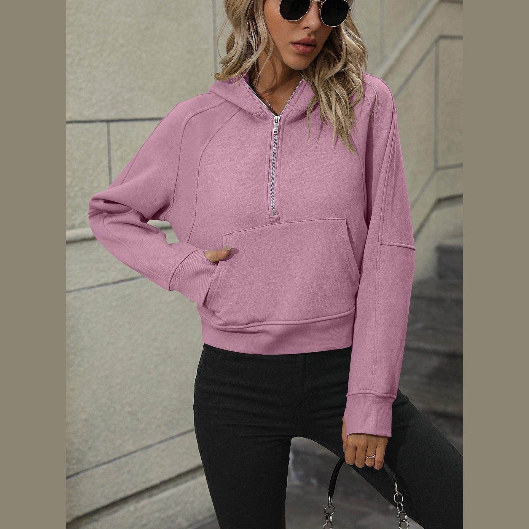 Trendsi Women's Raglan Sleeve Hoodie in Pink with Half-Zip and Front Pocket for Casual Style