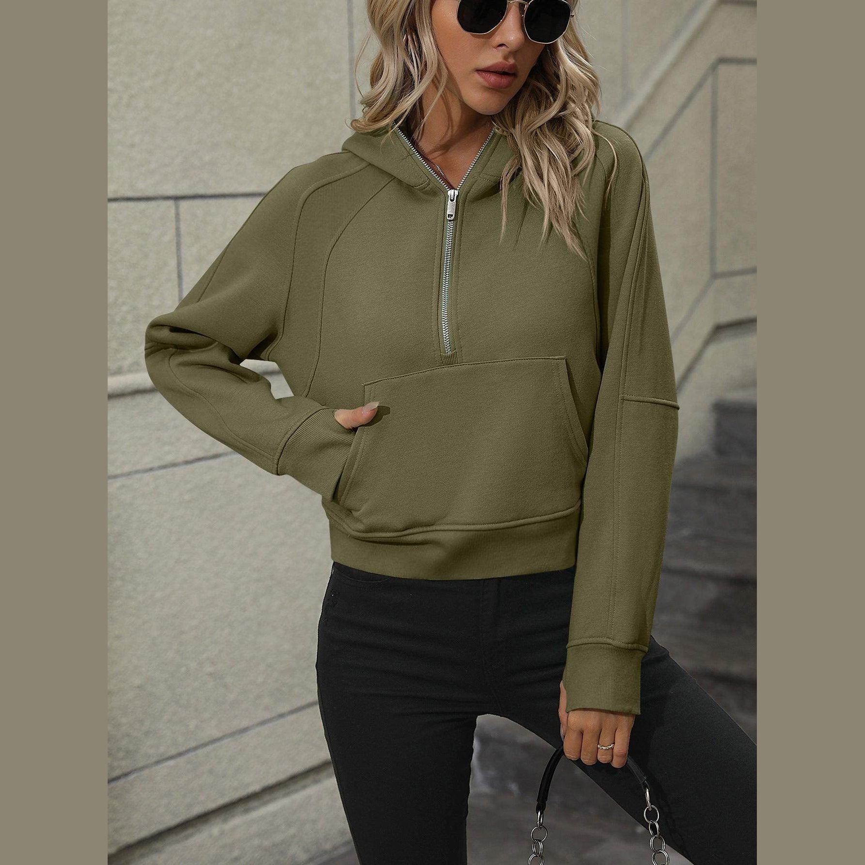 Trendsi Women's Raglan Sleeve Hoodie in Olive Green with Half-Zip Design and Front Pocket