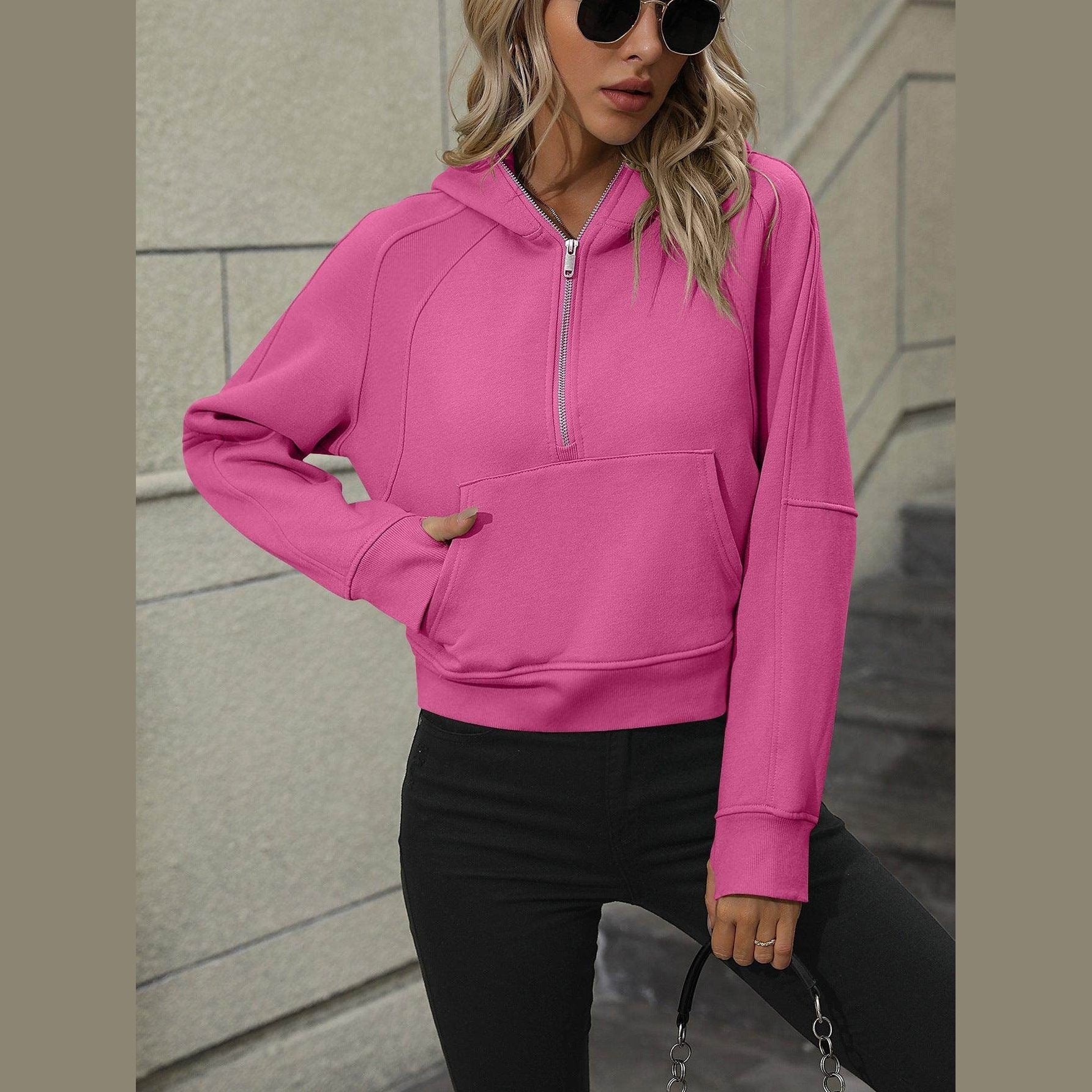 Trendsi Women's Pink Raglan Sleeve Hoodie with Half-Zip Design and Front Pocket