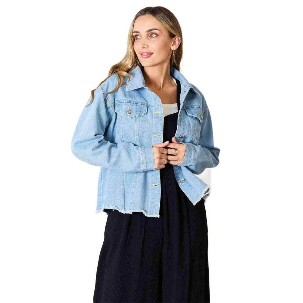 Trendsi raw hem denim jacket for women featuring a stylish cropped fit and classic design
