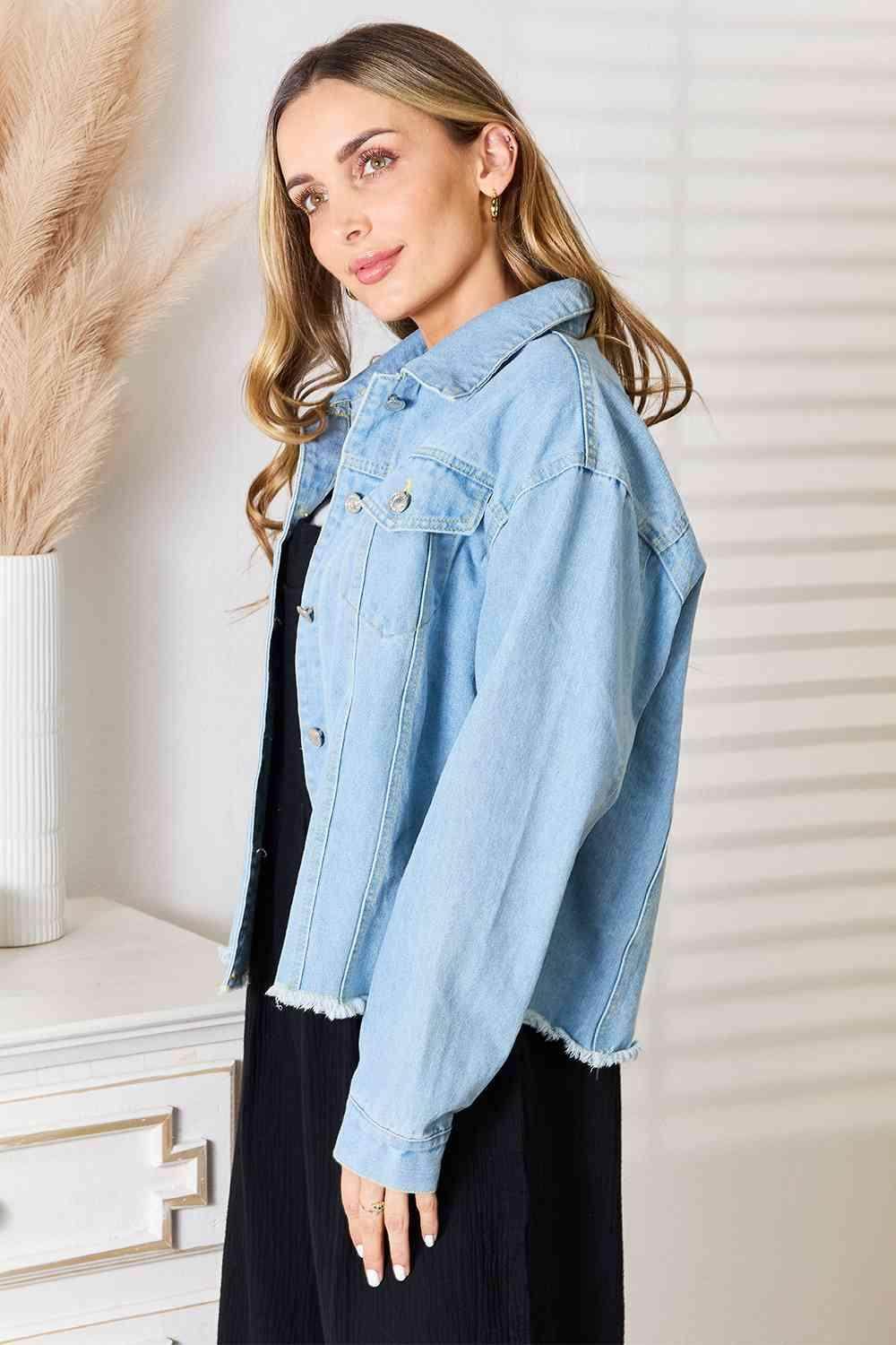 Trendsi raw hem denim jacket featuring a relaxed fit and classic design for women