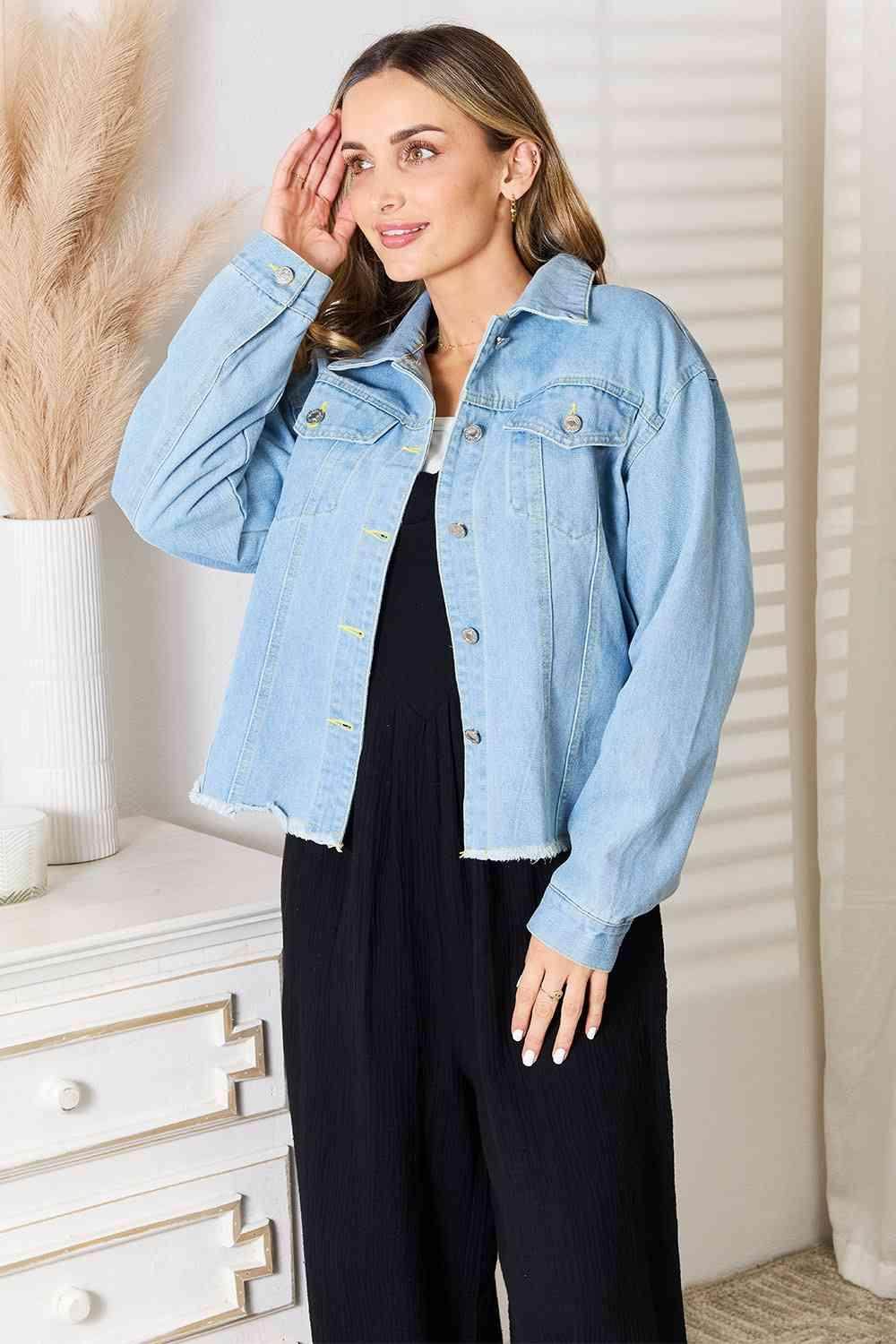 Trendsi women's raw hem denim jacket in light blue with button closures and casual fit