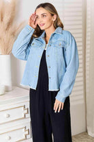 Trendsi women's raw hem denim jacket in light blue with button closures and casual fit