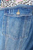 Trendsi Raw Hem Jean Jacket in Blue with Stylish Leopard and Floral Back Panel Design