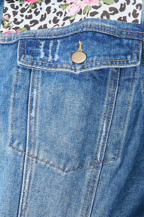 Trendsi Raw Hem Jean Jacket in Blue with Stylish Leopard and Floral Back Panel Design