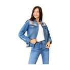 Trendsi Raw Hem Jean Jacket in Blue with Floral and Leopard Print Details for Women
