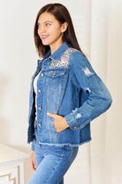 Trendsi Women's Raw Hem Jean Jacket in Blue with Floral Accents and Distressed Details