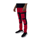 Men's red black cargo track pants from VacationGrabs with stylish side pockets