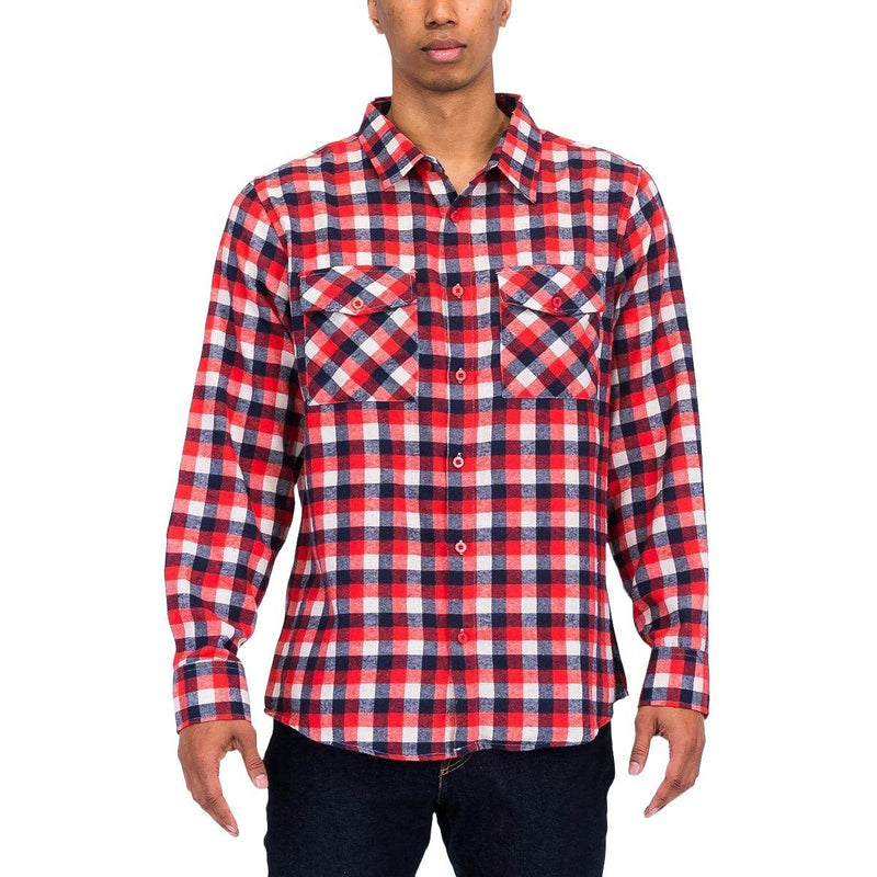 Red Blue Plaid Flannel Shirt Button Down Long Sleeve - VacationGrabs