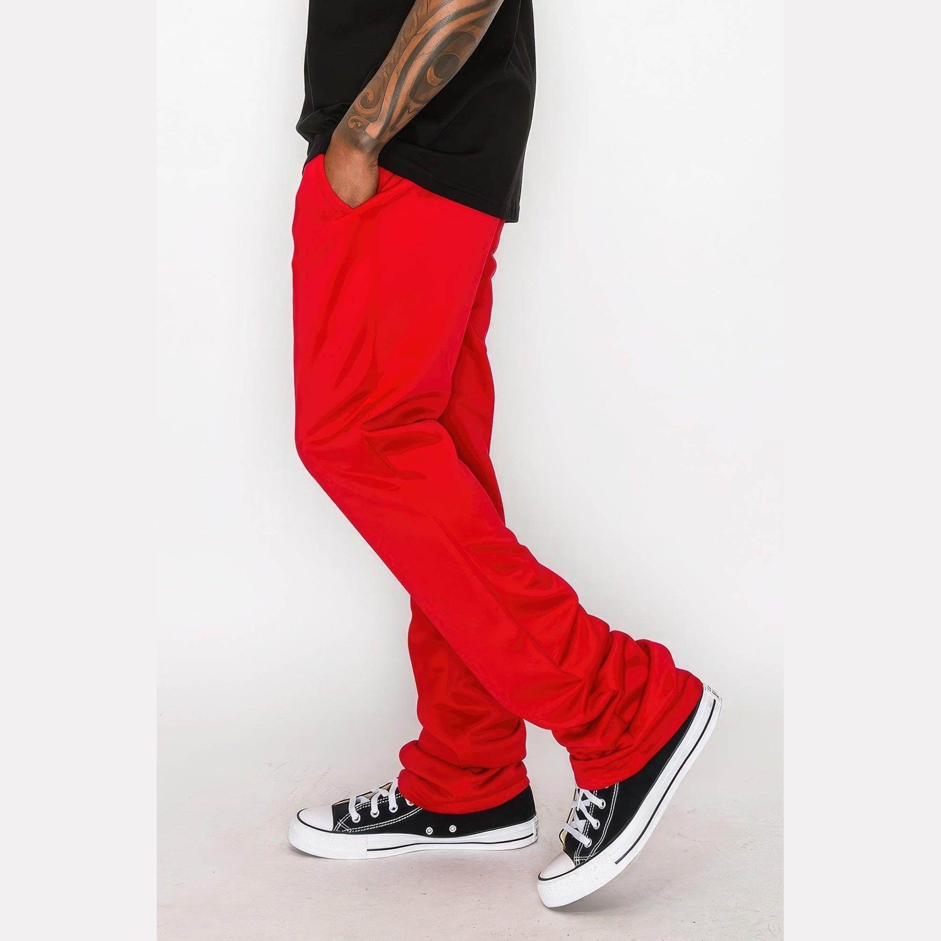 Men's red flare track pants by VacationGrabs, perfect for casual wear and athletic activities.