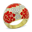 Bold red rose gold statement ring adorned with sparkling crystals for a chic look