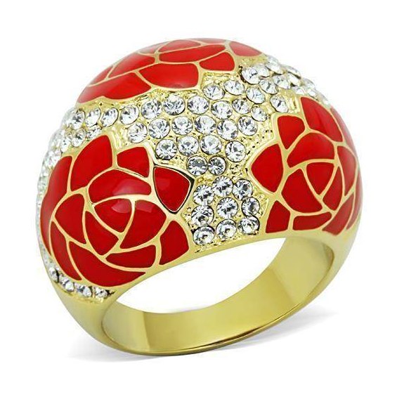 Bold red rose gold statement ring adorned with sparkling crystals for a chic look