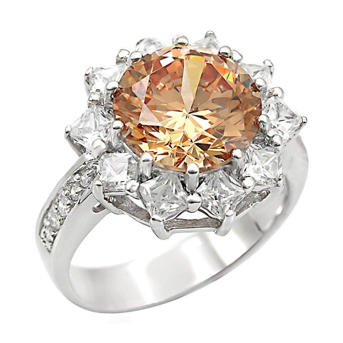 Rhodium 925 sterling silver women's ring with a large brown center stone and sparkling accent stones