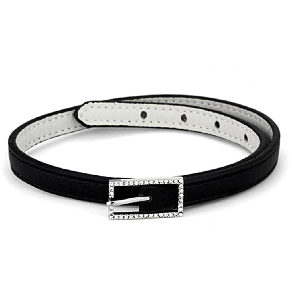 Rhodium brass crystal bracelet with a sleek black band and sparkling buckle detail