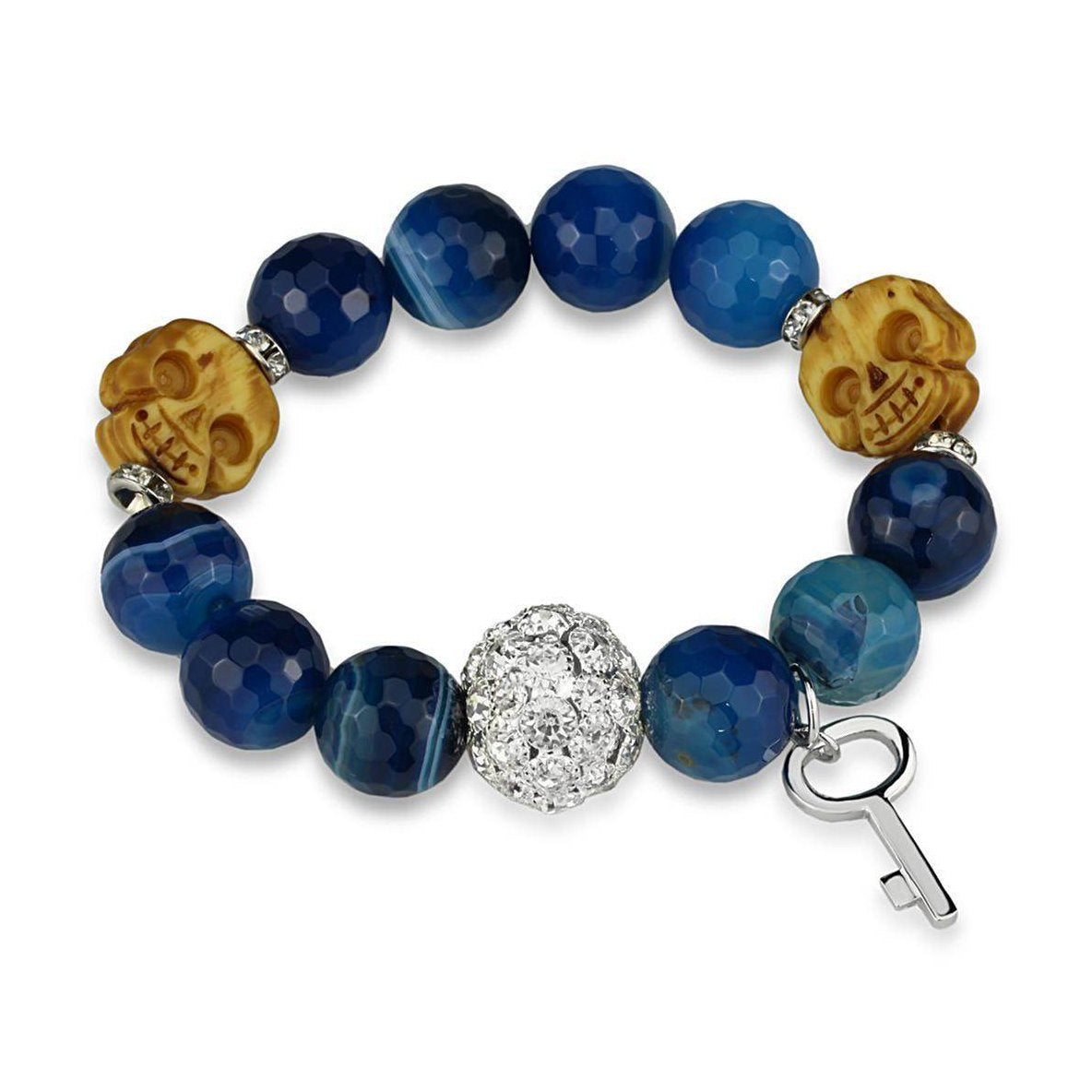 Rhodium brass skull bracelet featuring blue agate beads and a decorative key charm