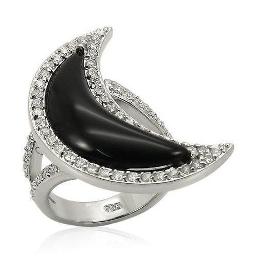 Rhodium plated silver statement ring featuring a black crescent design surrounded by sparkling stones
