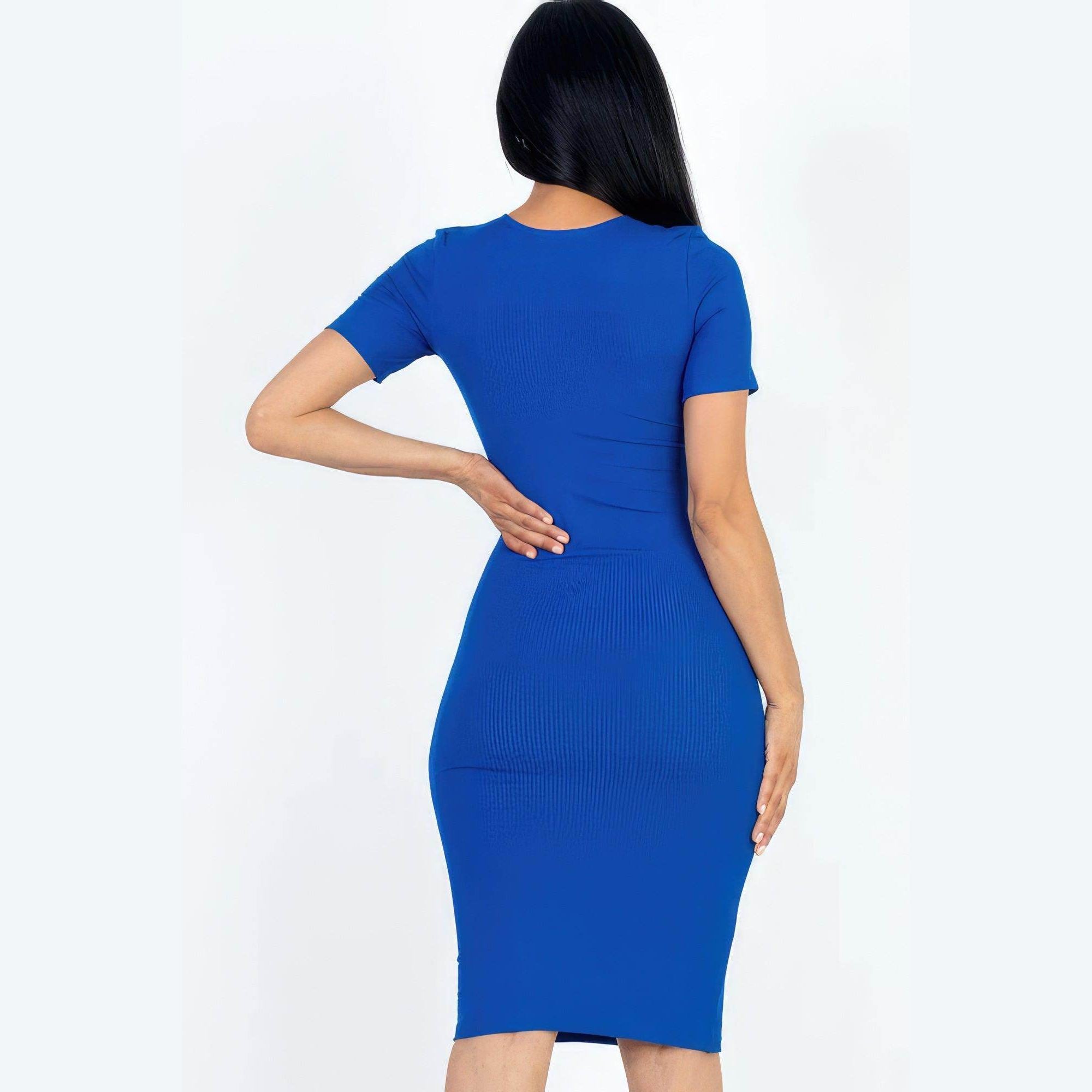 Ribbed Bodycon Midi Dress - Blue - VacationGrabs
