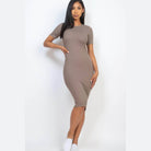 Ribbed Bodycon Midi Dress - Taupe - VacationGrabs