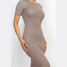 Ribbed Bodycon Midi Dress - Taupe - VacationGrabs
