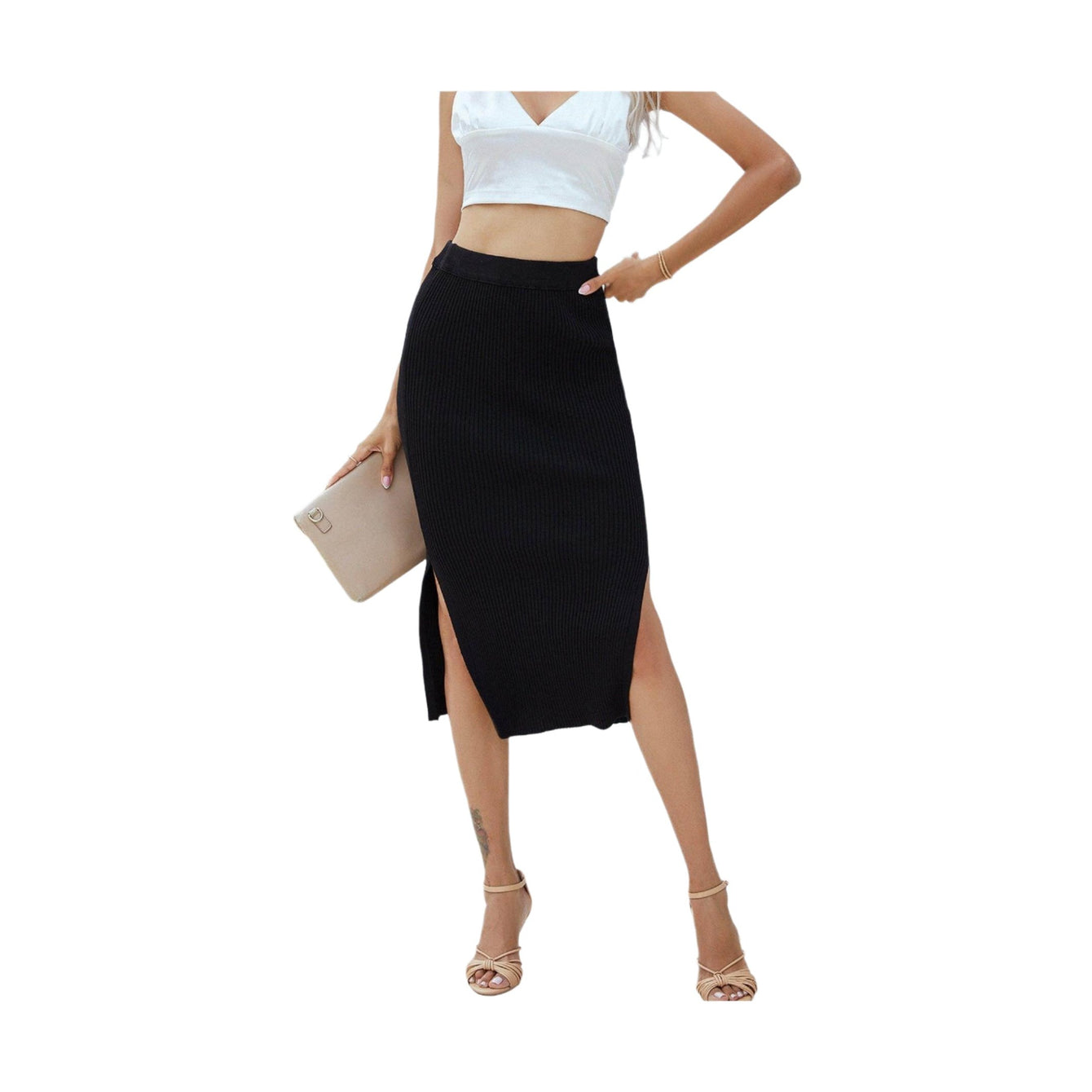 Trendsi ribbed midi skirt in black with side slit and fitted design for stylish women