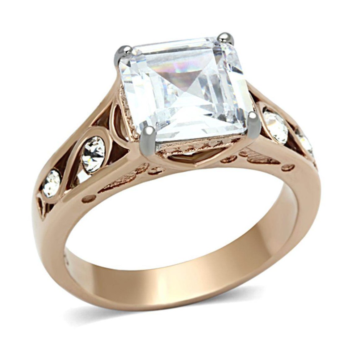 Elegant rose gold stainless steel ring with a large square stone and sparkling accents