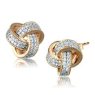 Beautiful rose gold sterling silver earrings with intricate knot design and sparkling accents