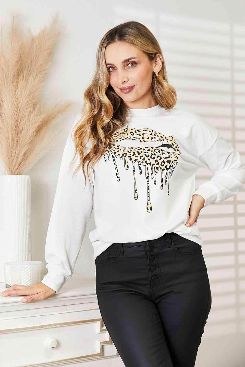 Trendsi round neck casual sweatshirt in white with leopard print drip design for stylish comfort