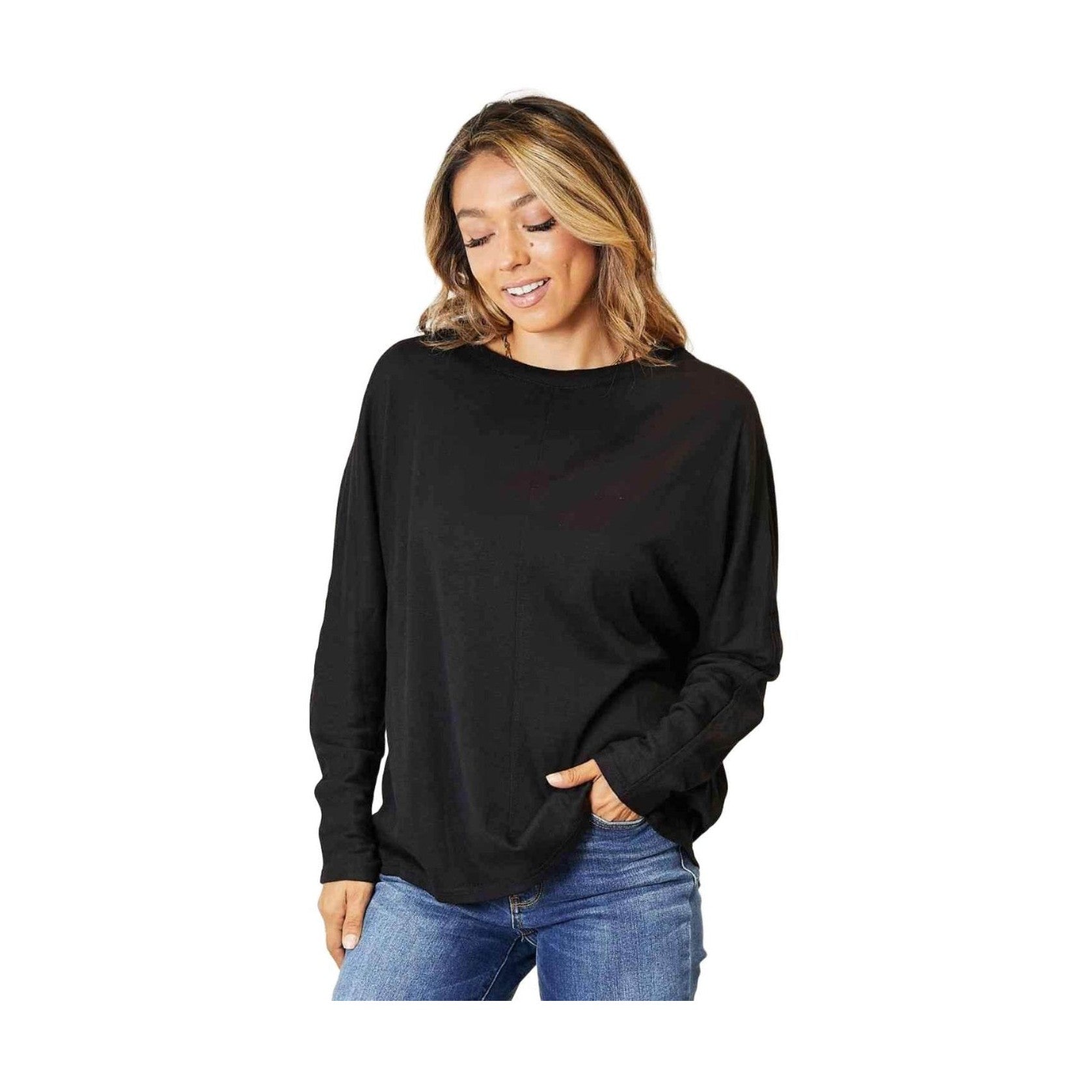 Trendsi Women's Round Neck Long Sleeve Top in Black for Casual Wear and Comfort