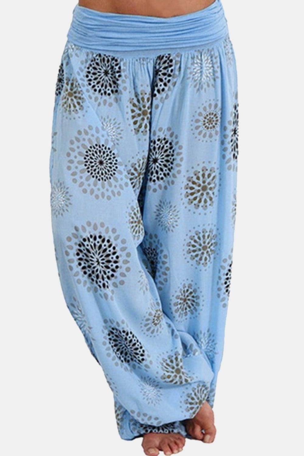Trendsi ruched full size pants in blue with decorative floral patterns for a stylish casual look
