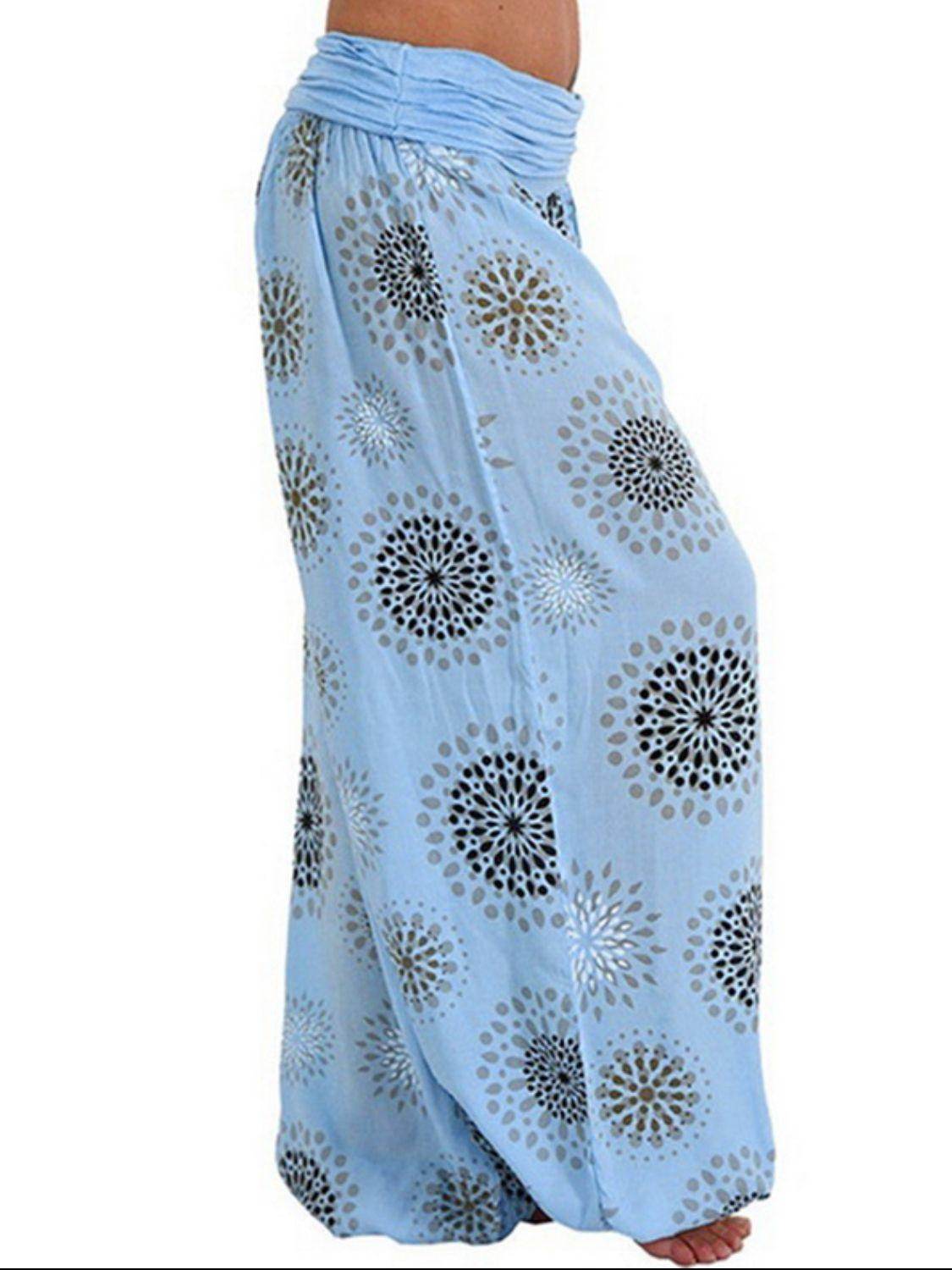 Trendsi ruched full size pants in light blue with stylish floral pattern for women