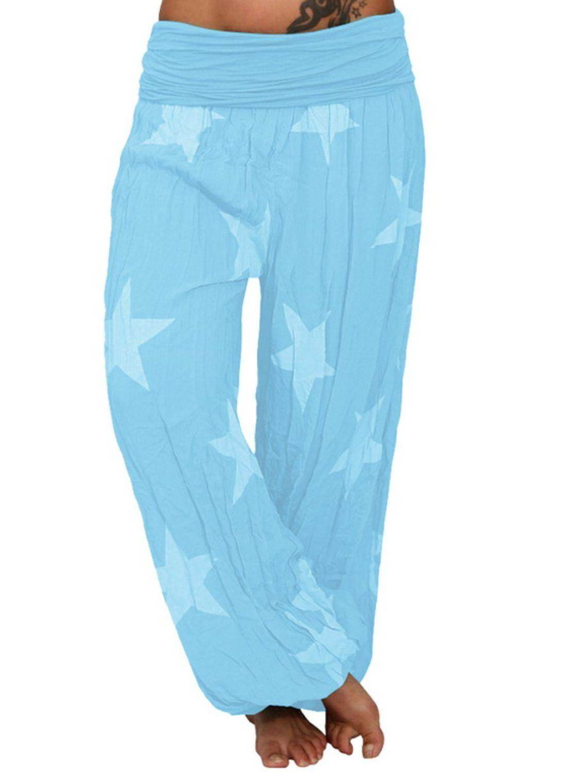 Trendsi ruched full size pants in soft blue with white star design for comfortable casual wear