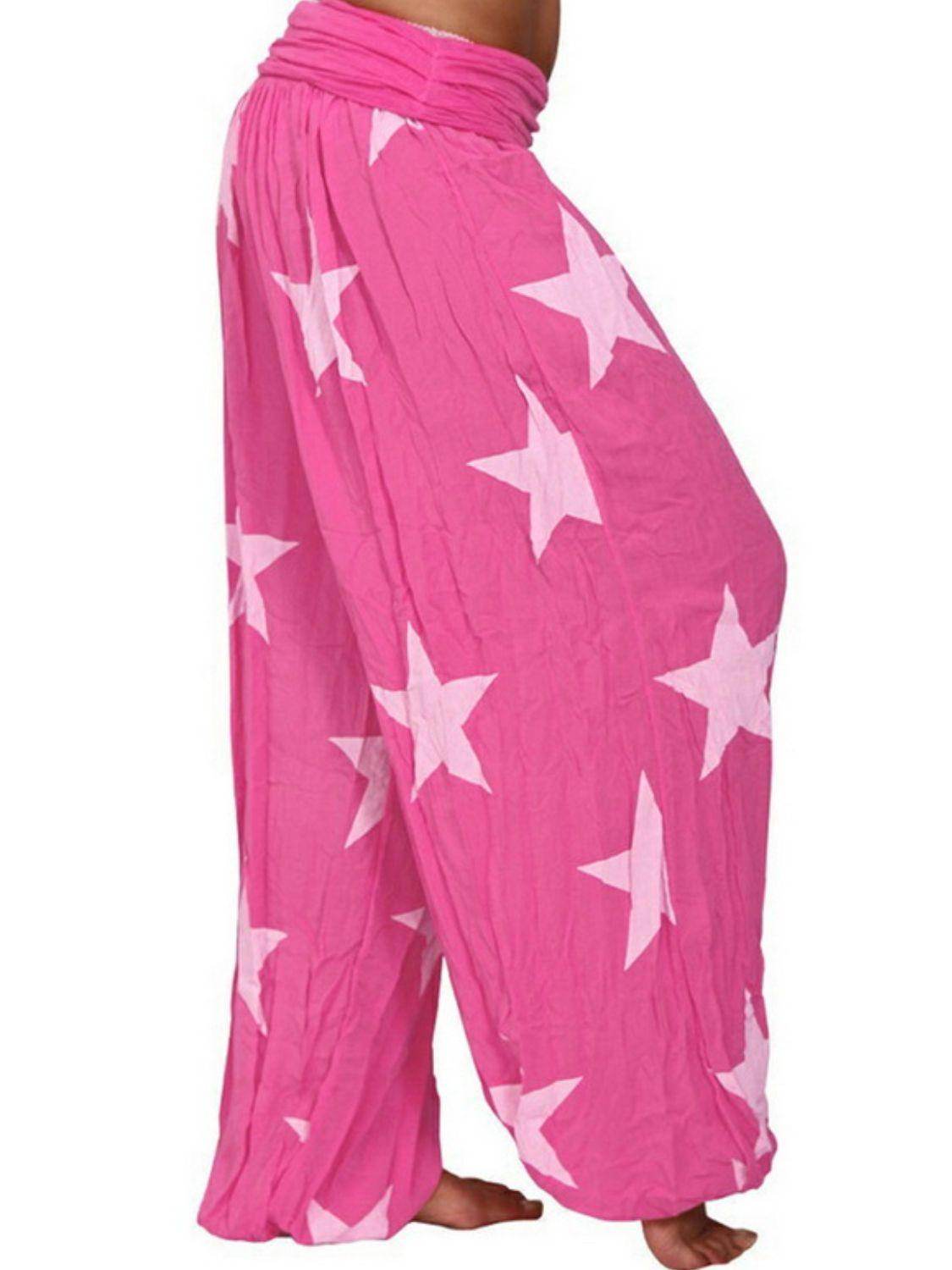 Trendsi Women's Ruched Full Size Pants in Pink with White Star Print for Comfortable Casual Wear
