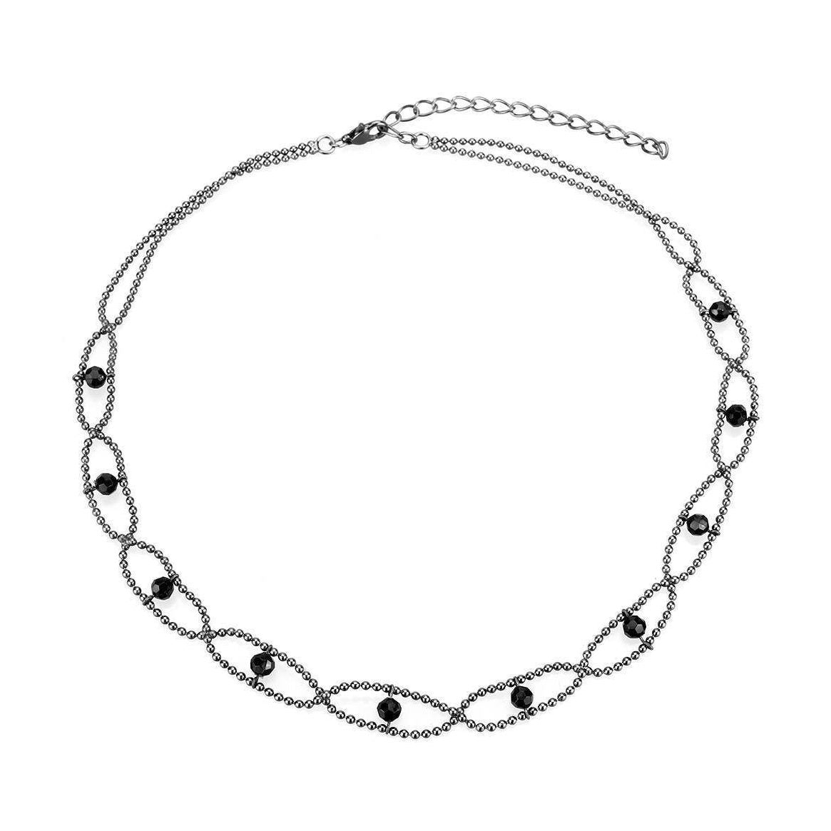 Delicate ruthenium white metal necklace with black beads, perfect for stylish layering or casual wear
